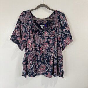 Catherines Shirt Blouse 3XWP Petite Smocked Boho Paisley Red White Blue Cotton